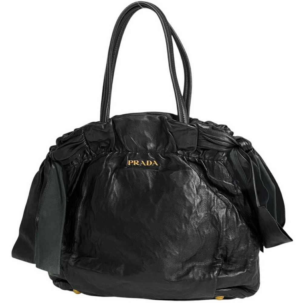 Prada Logo Handbag Shoulder Bag Rion Leather Black